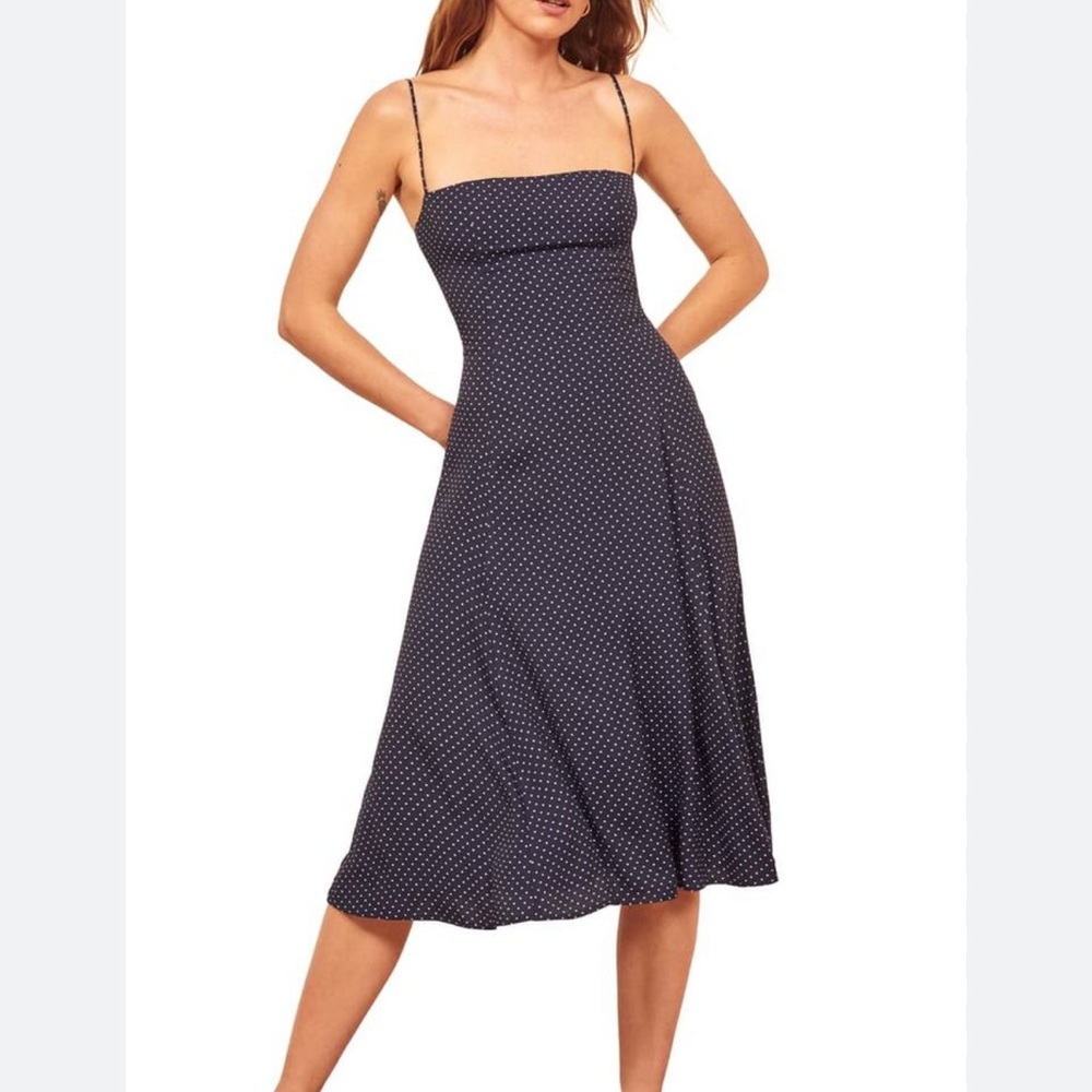 Reformation Vollare Dress - navy polka dots